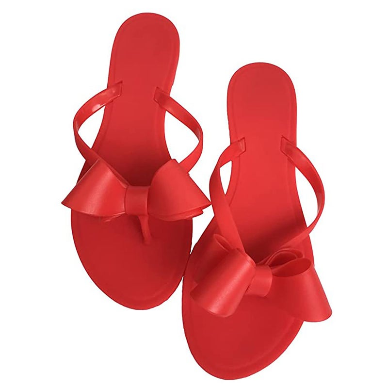 Mtzyoa Women Flip Flops Bow Flat Sandals Summer Red Size 8 Beach Jelly Cute Ladies Waterproof Rain Casual Sandals - Image 1